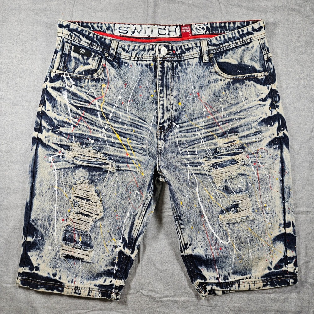 Switch Remarkable Mens Acid Wash Paint Splatter Distressed Denim Shorts Size 42‎
